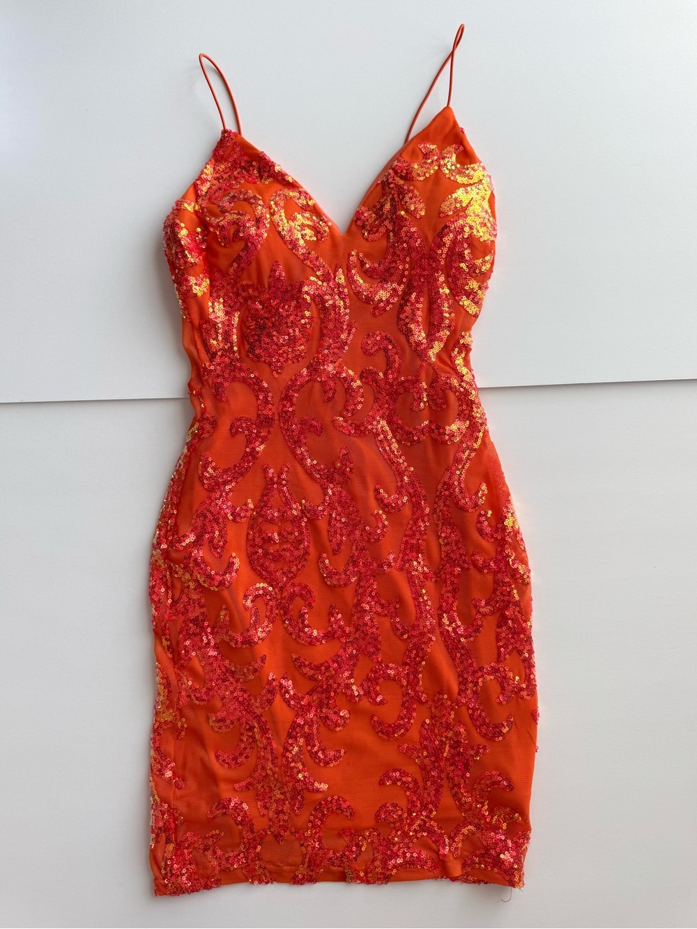 Windsor Orange Sequin Slip Dress with Spaghetti Straps xs